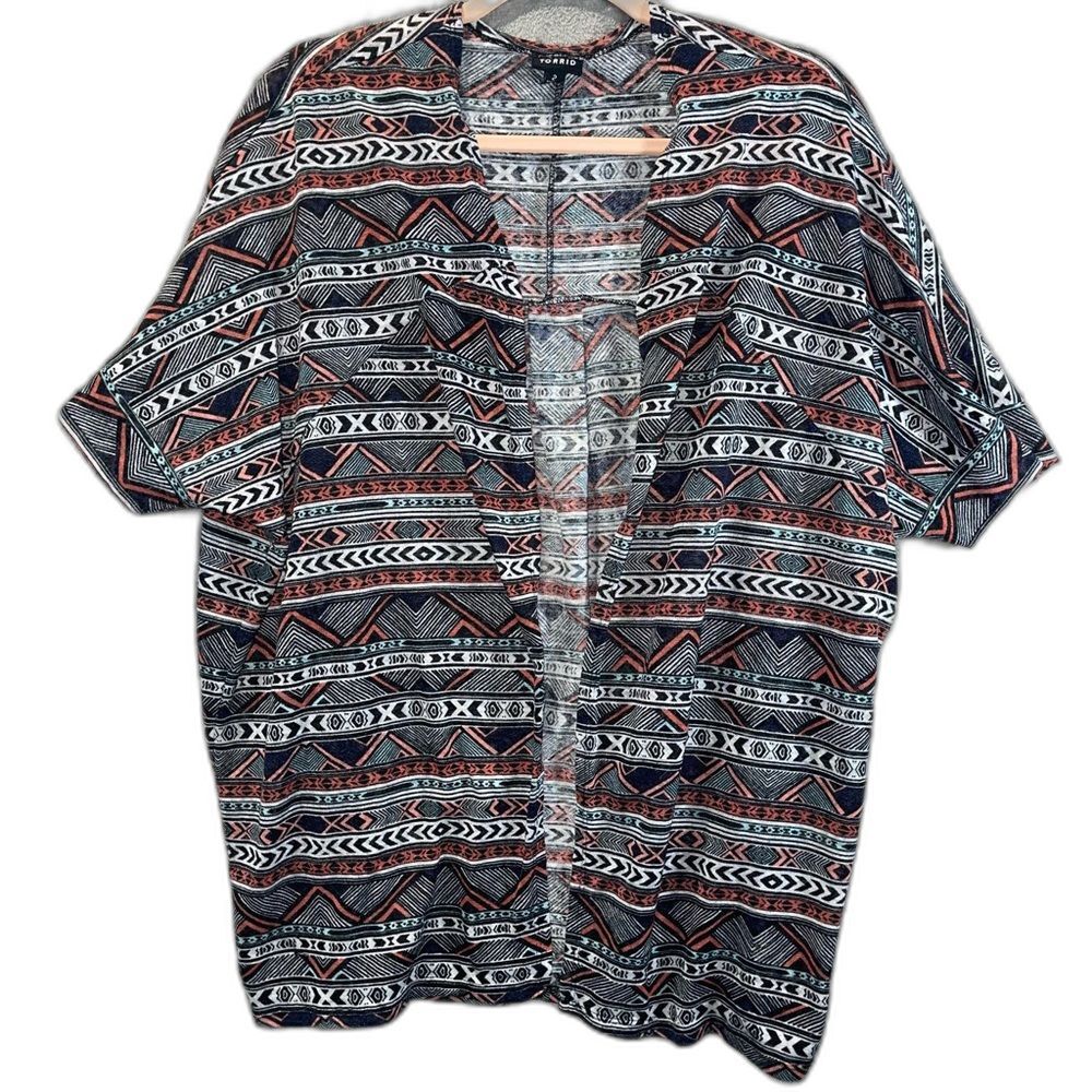 Torrid Aztec Tribal Print Open Front Short Sleeve Kimono Cardigan 2X